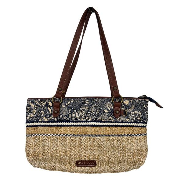 Sakroots Handbags - Sakroots Ellis Straw Satchel Shoulder Bag Blue Floral Boho Leather Trim Handbag